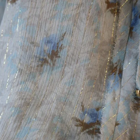 Womens LoveShackFancy Pale Blue Metallic Gold Silk Floral Mini Popover Dress XS - Picture 7 of 15